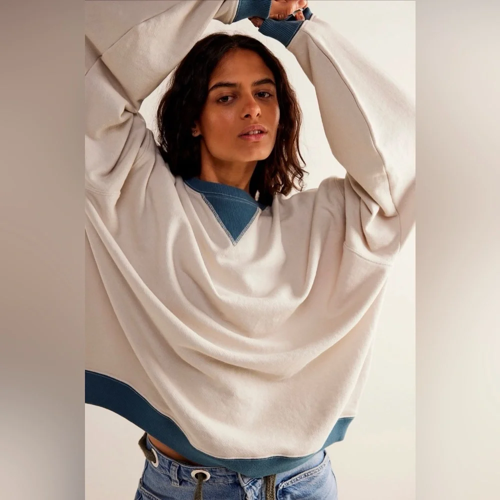 Free People We The Free Classic Crew Colorblock Sweatshirt In Tea Combo Size Med - Picture 3 of 7